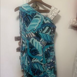 Elegant One-Shoulder Blue Leaf Print Dress